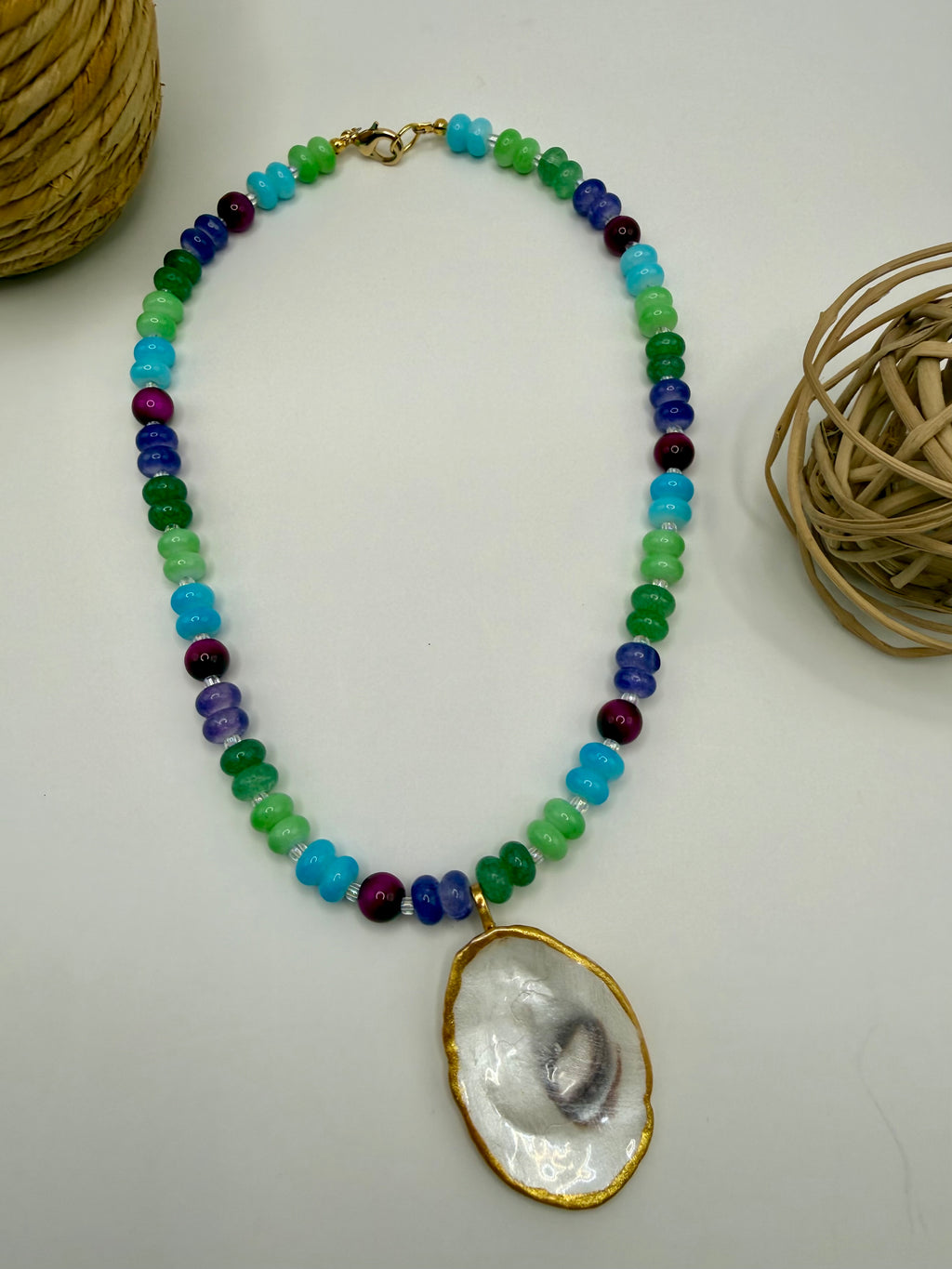Oyster Shell Beaded Necklace – Jewel Tones