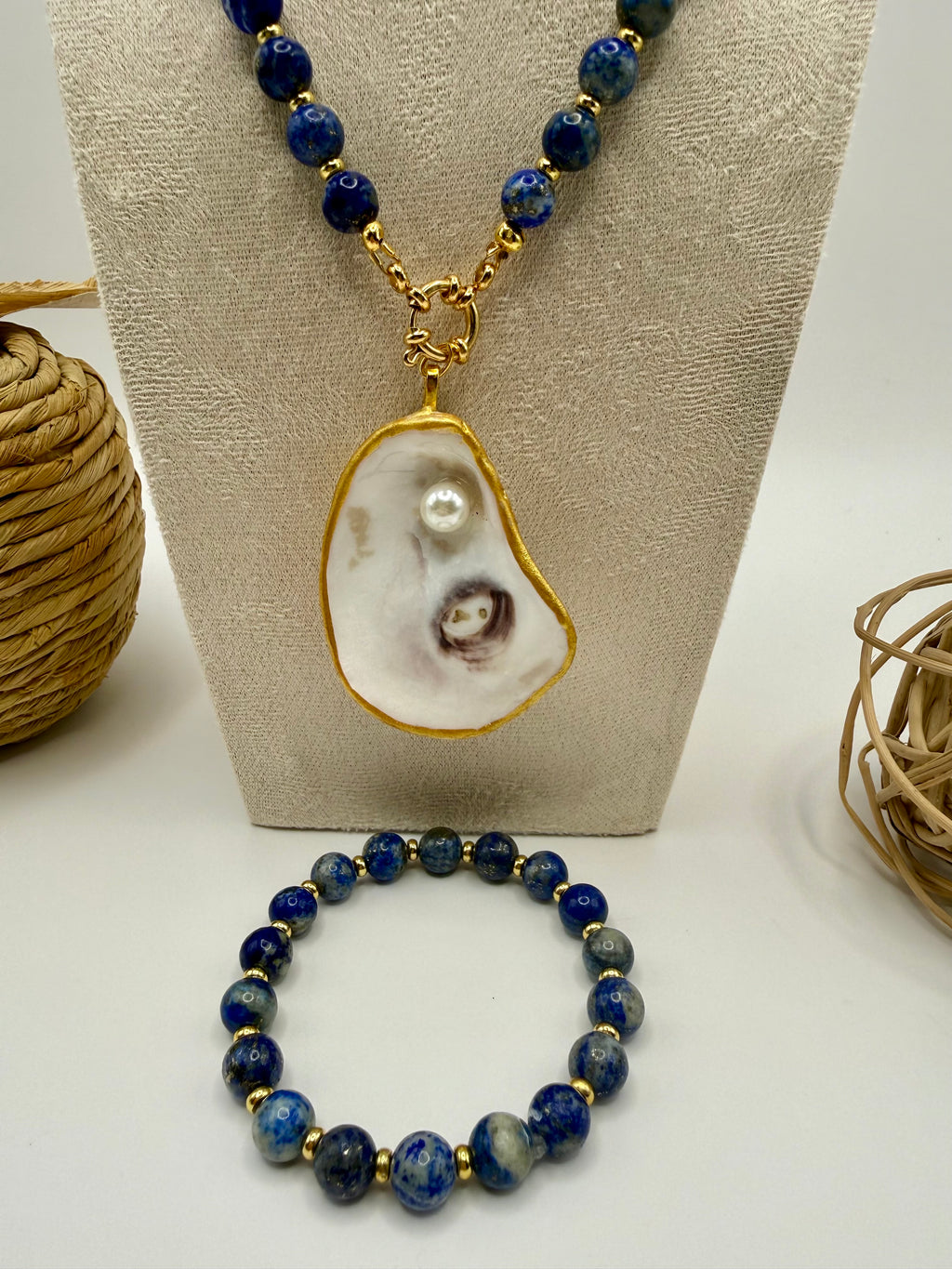 Oyster Shell Beaded Necklace –Blue Mosaic