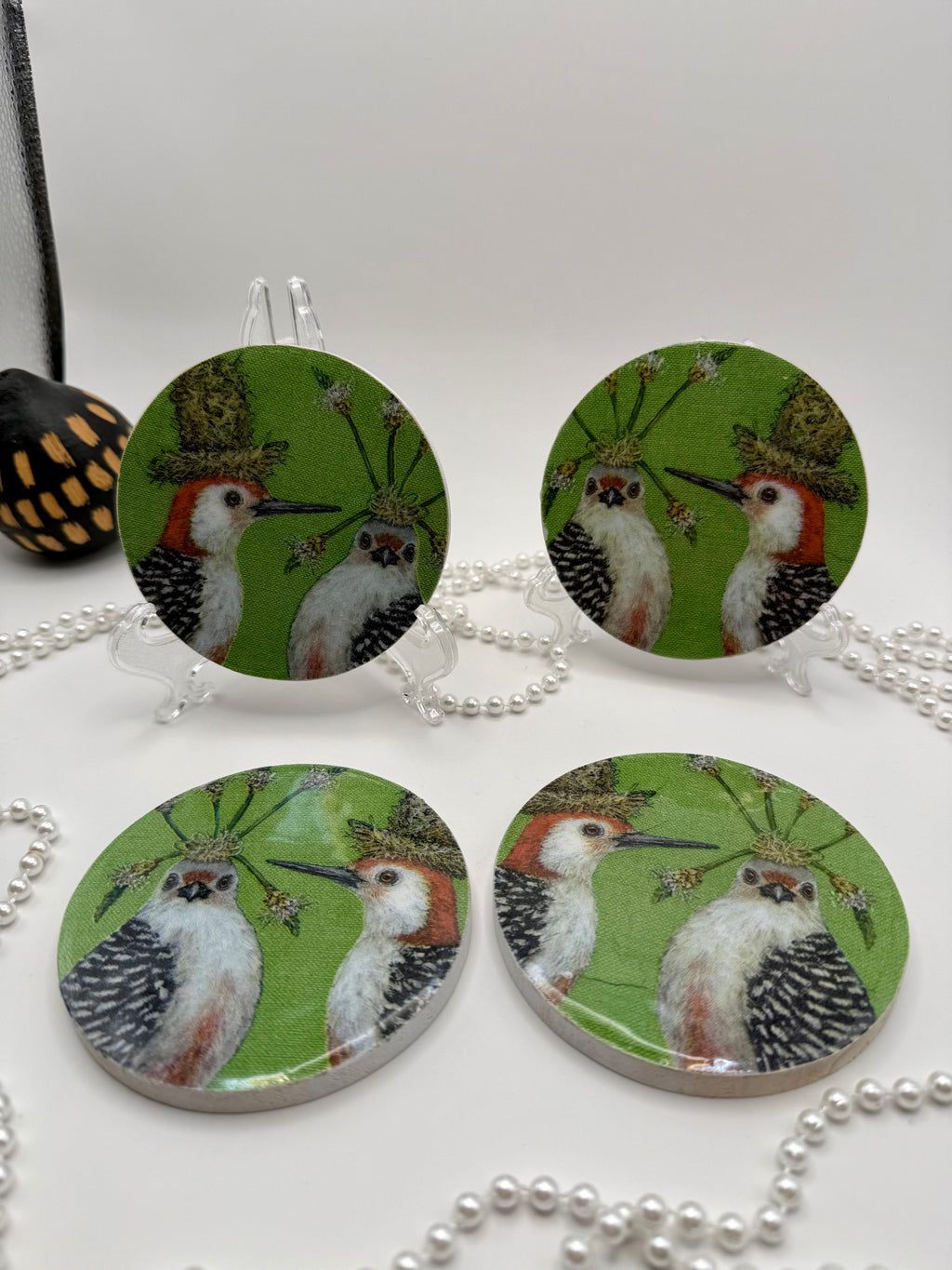 Wood Coaster – Feathered Friends Green
