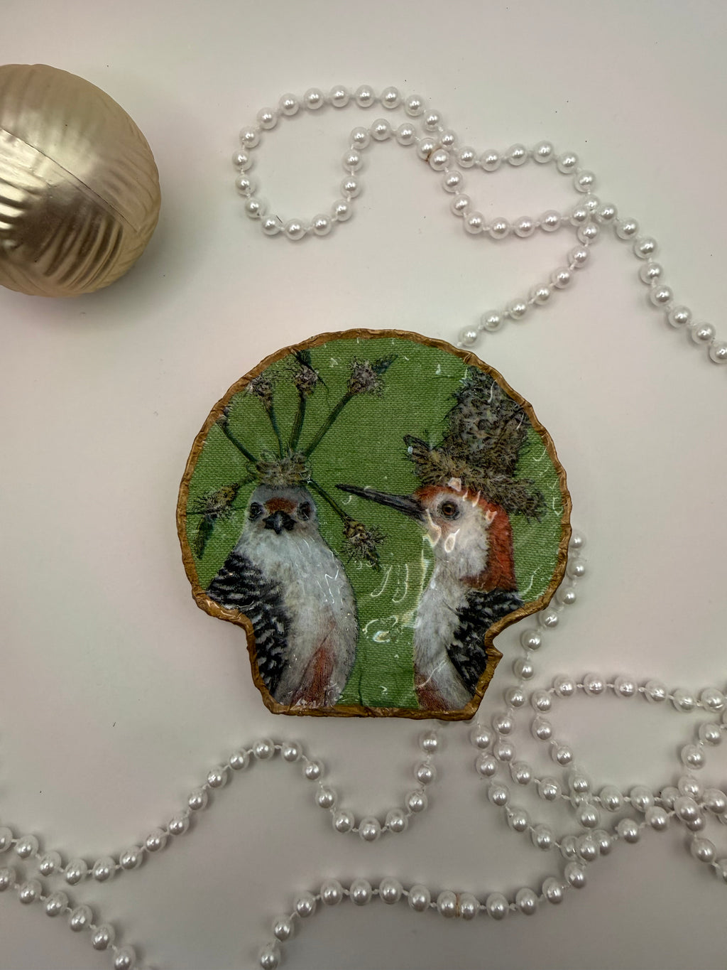 Scallop Trinket Tray - Feathered Friends Green