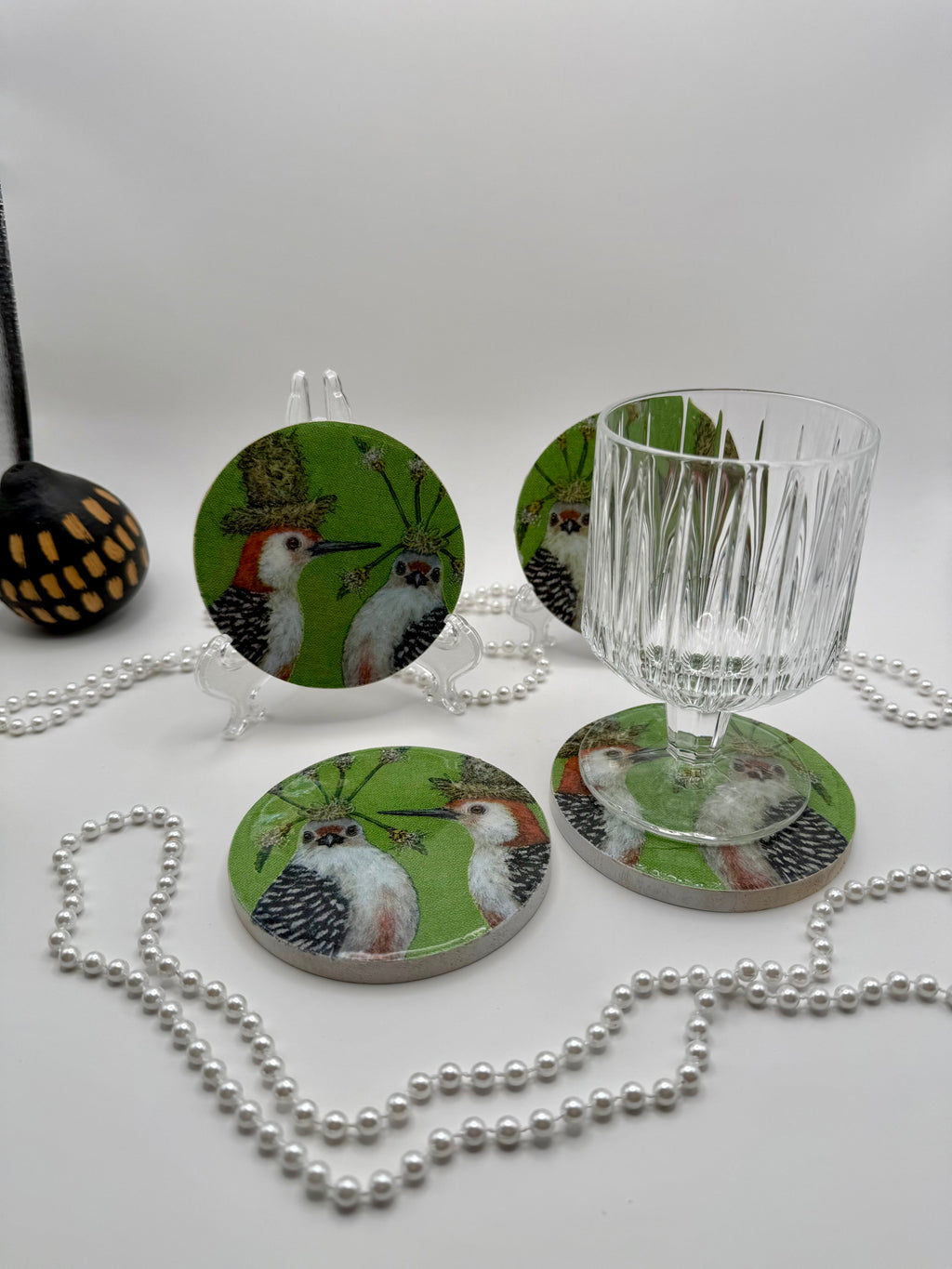 Wood Coaster – Feathered Friends Green