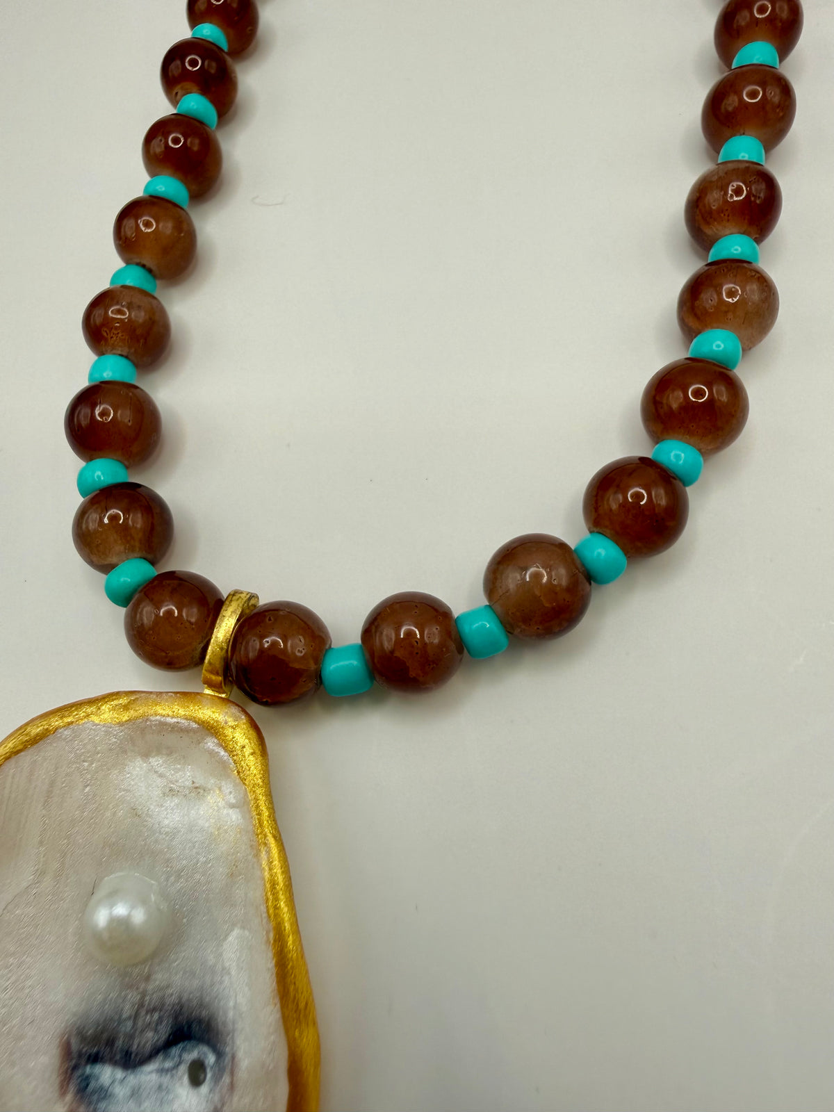 Oyster Shell Beaded Necklace – Turquoise & Amber