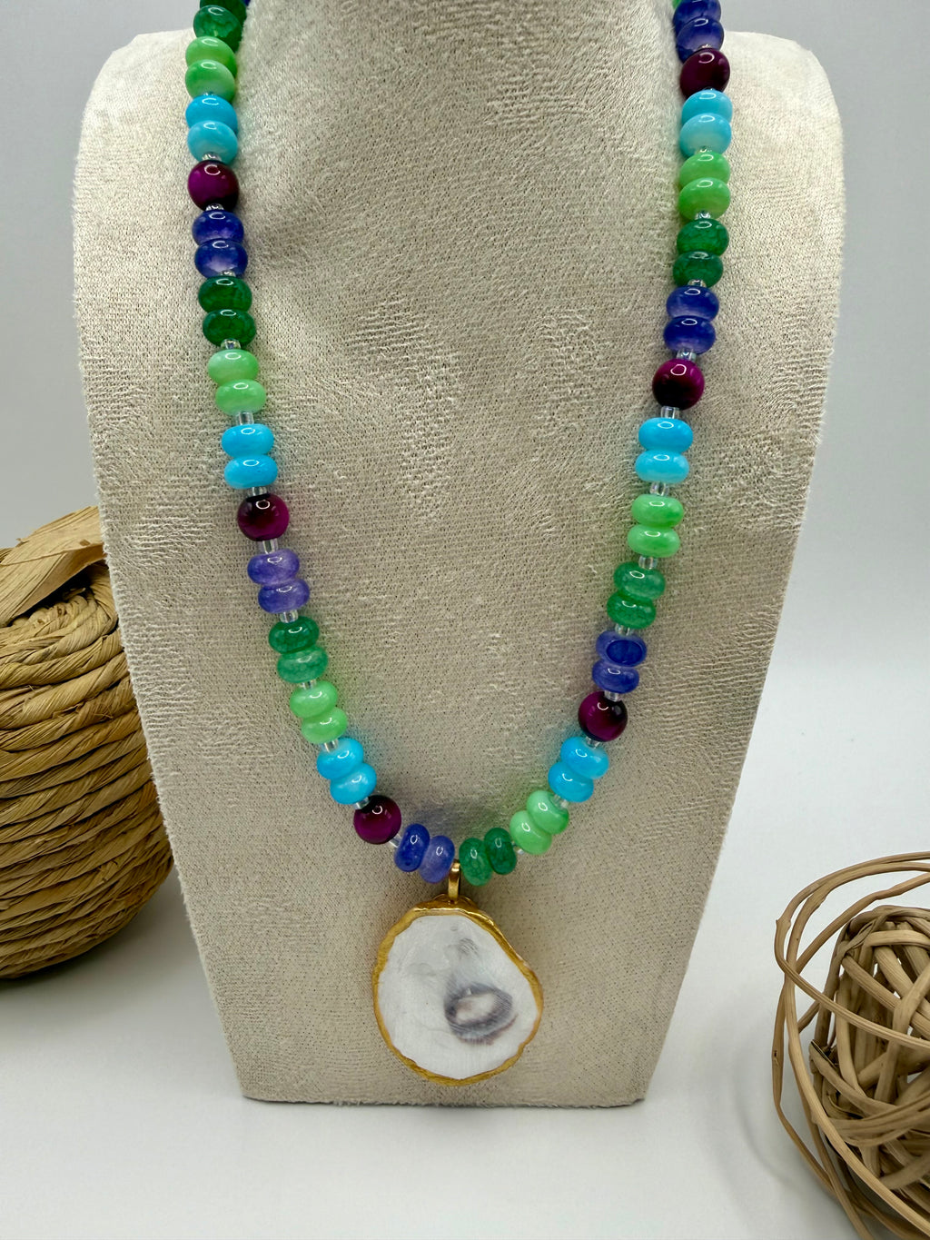 Oyster Shell Beaded Necklace – Jewel Tones
