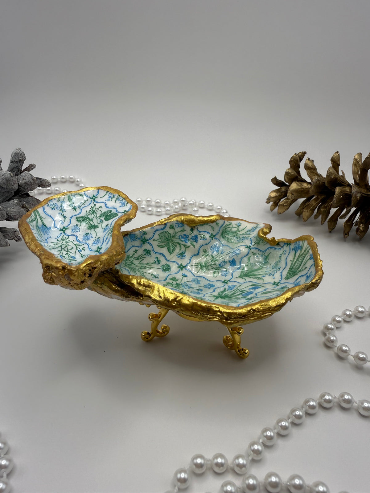 Double Oyster Trinket Tray – Blue & Green Garden Toile