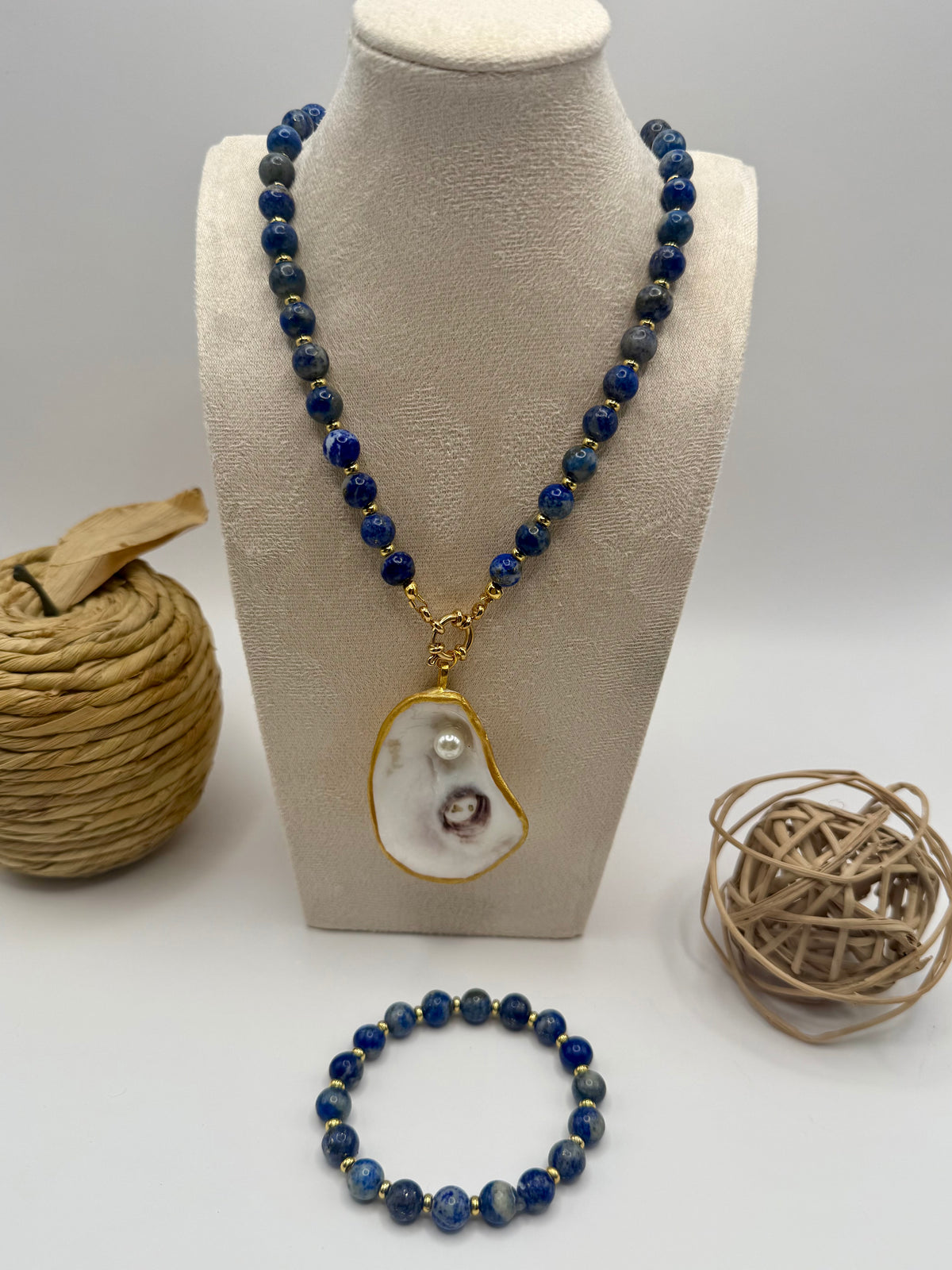 Oyster Shell Beaded Necklace –Blue Mosaic