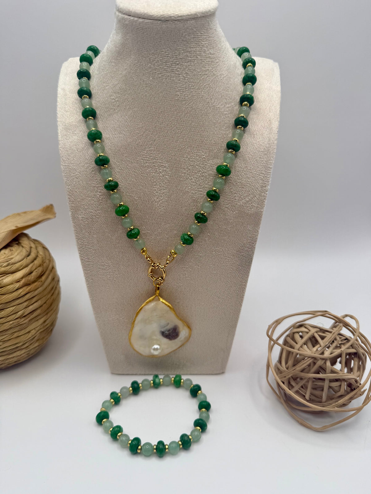 Emerald & Sage Stretch Beaded Bracelet