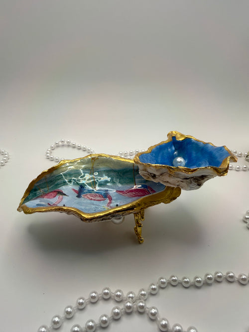 Double Oyster Trinket Tray – Tropical Flamingo Blue